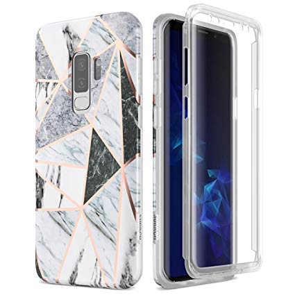 SURITCH Samsung Galaxy S9 Plus Marble Case, [Built-in Screen Protector] Cute Geometric Marble Full-Body Protection Shockproof Rugged Bumper Protective Cover for Galaxy S9 Plus 6.2 Inch (Gray Marble)