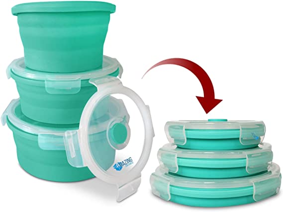 Collapsible Silicone Food Storage Folding Mixing Bowl Containers with Lids - set of 3 Round Expandable Container for Camping,Travel,Hiking-BPA Free, Microwave, Dishwasher and Freezer Safe(Mint Green)