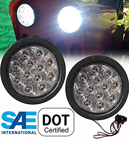 Pair of 2 LED 4" Round Back-up Reverse Light Kits Include Grommet, Plug Clear Lens White Light Truck Trailer RV 25108C-WK
