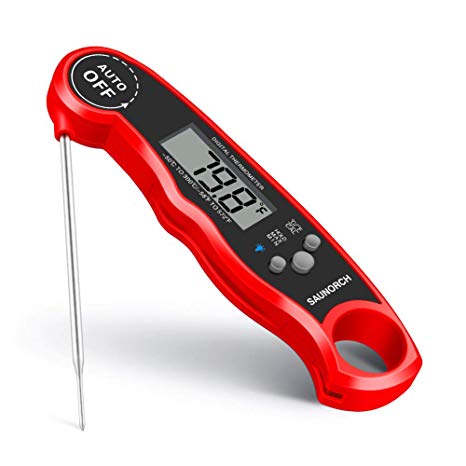 SAUNORCH Digital Meat Thermometer, Waterproof Instant Read Digital Food Thermometer Liquid BBQ Grill Kitchen Baking Cooking Thermometer with Calibration and Backlit -Red