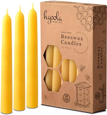Beeswax Taper Candles 12 Pack – Handmade, All Natural, 100% Pure Scented Bee Wax Candle - Tall, Decorative, Golden Yellow – 7 Hour Burn Time - by Hyoola