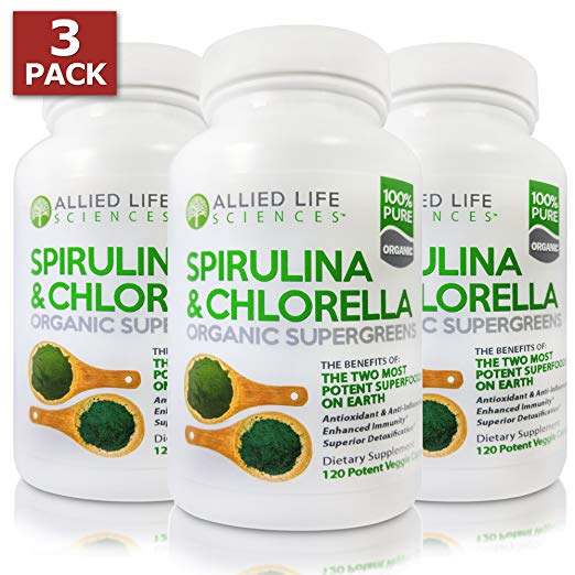 Allied Life Spirulina and Chlorella | Organic Chlorophyll Vegan Protein Powder Green Superfood Capsules | Natural Anti Aging Detox Cleanse (3 Pack)