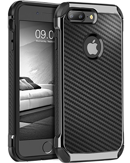 iPhone 7 Plus Case, iPhone 7 Plus Cover, BENTOBEN Drop Protection 2 in 1 Anti-scratch Hybrid Hard PC Carbon Fiber Texture Chrome Shockproof Protective Case for iPhone 7 Plus (5.5 inch), Black