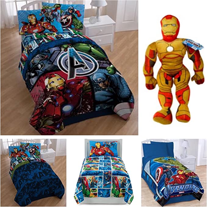 Marvel Avengers 7 Piece Bed in a Bag Full Size Bedding Set - Reversible Comforter, Sheets, Pillow Cases, Plush Blanket & Ironman Pillow Buddy