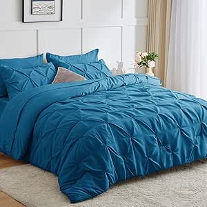 CozyLux Queen Comforter Set - 7 Pieces Bed in a Bag Teal Queen Size, Pintuck Comforters Pinch Pleat Bedding Sets with All Season Comforter, Flat Sheet, Fitted Sheet and Pillowcases & Shams