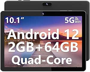 SGIN 10.1 Inch Tablets, 2GB RAM 64GB ROM Android 12 Tablet with Quad-Core Processor, 5000mah, 2 5MP Camera, WiFi, IPS HD Touch Screen, Black