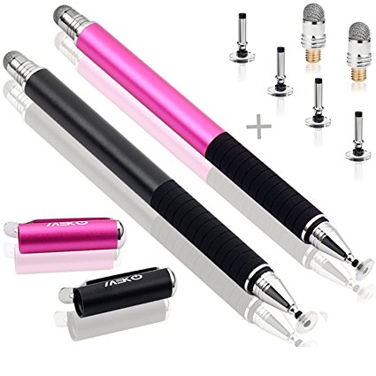 MEKO(TM) (2 Pcs)[2 in 1 Precision Series] Disc Stylus/Styli Bundle with 4 Replaceable Disc Tips, 2 Replaceable Fiber Tips For All Touch Screen Devices - (Black/Pink)