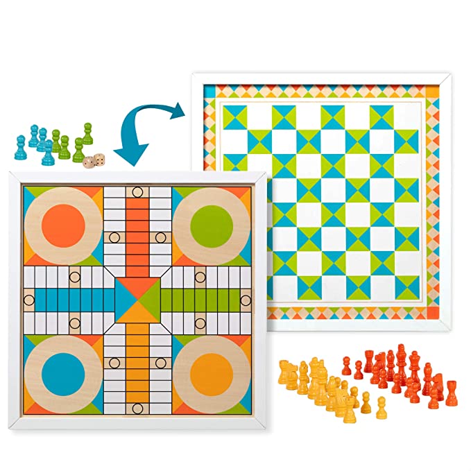 Melissa & Doug Double-Sided Wooden Chess & Pachisi Board Game with 42 Game Pieces (17.5” W x 17.5” L x 1.5” D)