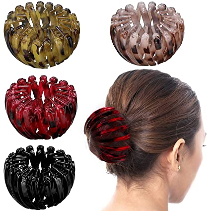 4 Pieces Vintage Geometric Retractable Hair Loops Expandable Ponytail Holder Clip Bird Nest Shaped Hair Clips Hair Donut Bun Maker Hair Accessory Hair Styling Tool for Women Girls