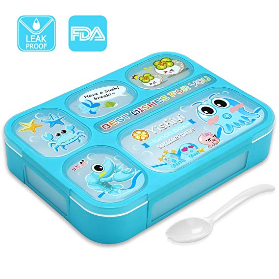 Leakproof Bento Lunch Box for Kids, FIOLOM 5 Compartments Divided Lunch Container Set with Spoon & Fork Cute Microwave Safe Meal Prep Box for Boys Girls Children School