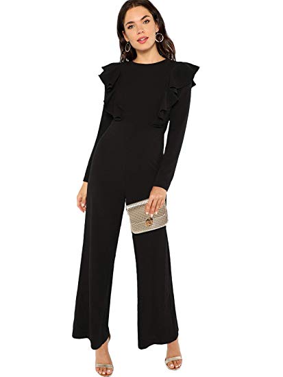 Romwe Women's Elegant Long Sleeve Ruffle Trim Wide Leg High Waist Long Jumpsuit