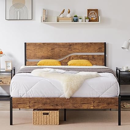 VECELO Full Size Bed Frame with Rustic Wood Headboard, Strong Metal Slats Platform Support No Box Spring Needed, Easy Assembly