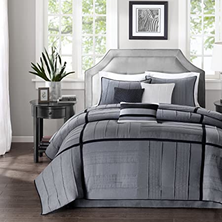 Madison Park Bridgeport 7 Piece Comforter Set, Grey, Queen(MP10-602)