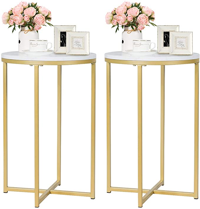 Giantex End Table X-Shaped Small Round Side Table W/Faux White Marble Top, Sturdy Golden Metal Frame, Chic Appearance for Living Room Bedroom Study Room Nightstand (2)