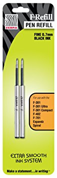 Zebra Ballpoint F-Refills for F-301 Ultra, F-301 Pen, F-301 Compact, F-402 Pen, Fine Point, 0.7 mm, Black, Pack of 2 (85512)