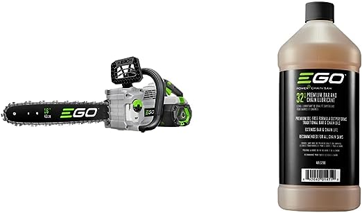 EGO Power  CS1613 16-Inch 56-Volt Lithium-ion Cordless Chainsaw with 4.0Ah battery and charger included & AOL3200 32 FL OZ Premium Chain Saw bar and Chain Oil, Brown