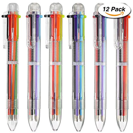 Hicarer 12 Pack 6-in-1 Retractable Roller Ball Multicolor Pens, 6-Color Ballpoint Pen for Office School Supplies Students Children Gift