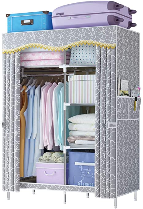 ldab Portable Wardrobe Closet, Bedroom Clothes Closet Storage Organizer with Storage Shelves, Hanging Rack & Side Pockets, 41" L x 18" W x 67" H, Extra Strong and Durable -Grey Pattern