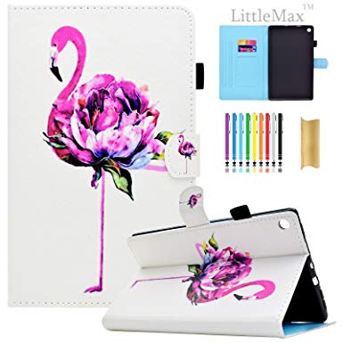 Fire HD 8 Case,LittleMax PU Leather Case Flip Stand Protective Auto Wake / Sleep Cover for Amazon Kindle Fire HD 8 7th Gen 2017 Release & 6th Gen 2016 Release with Free Stylus-01 Purple Flamingo