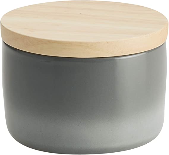 Rachael Ray Solid Glaze Ceramics Salt and Spice Box with Wood Lid for Seasoning, Cooking, Serving, 9 Ounce, Gray Ombre