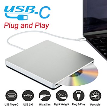 Ploveyy USB-C Superdrive External DVD/CD Reader and DVD/CD Burner for latest Mac Pro/MacBook Pro/ASUS /ASUS/DELL Latitude with USB-C Port Plug and Play (Silver)