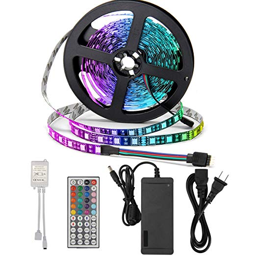 SUPERNIGHT RGB Light Strip Kit, Black PCB, 16.4ft 300leds Non-Waterproof Rope Lighting with 12V 5A Power Adapter and Remote Controller Dimmer for Bedroom TV Blacklighting Home Halloween Christmas