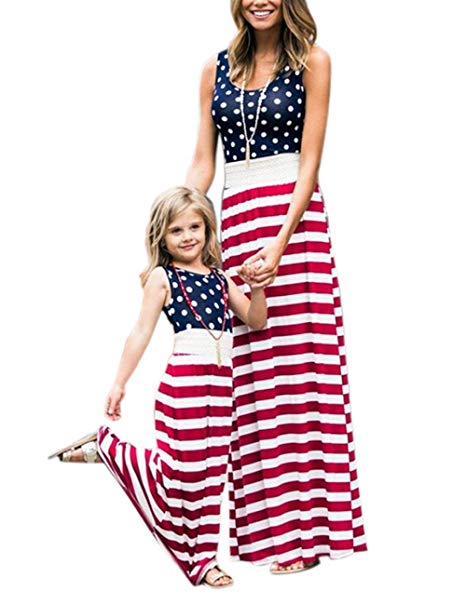 4th of July American Flag Mommy and Me Stripe Stitching Beach Maxi Dresses