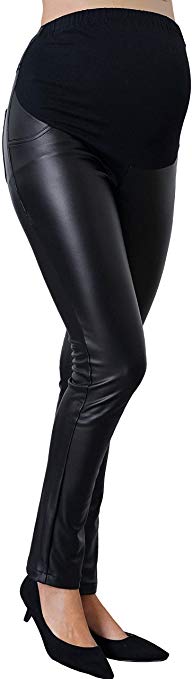 Sweet Mommy Maternity Pregnancy High Waisted Warm Leather Like Leggings Pants