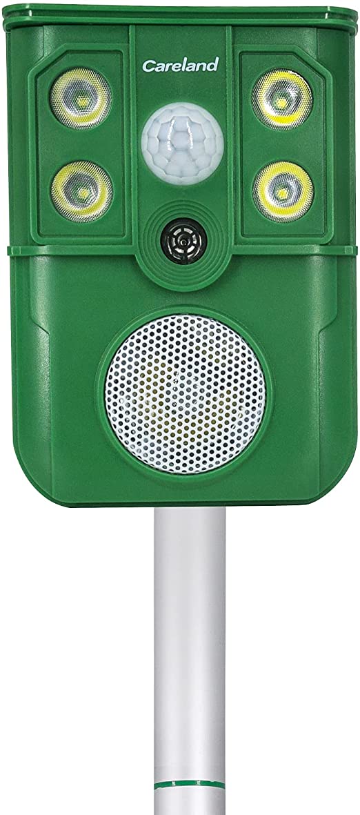 Careland Solar Powered Animal Repeller Ultrasonic Animal Repellent with Motion Sensor & Flashing Light Simulate Dog Barking, Gunshot and Eagle Barking to Scare Away Animals from Your Lawn & Garden