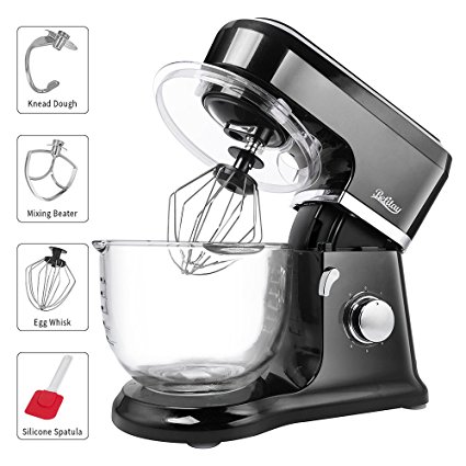 Betitay Stand Mixer, 6-Speed 4.5 QT Glass Bowl Visual Baking Mixer, Dough Kneading Machine with Splash Guard, Mixing Beater, Whisk, Dough Hook and Silicone Brush, 500W/1400W Max. (Black/Glass)