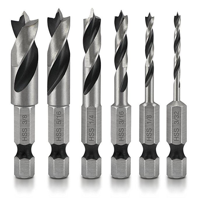 Neiko 11401A Stubby Drill Bit Set for Wood, 6 Piece | 1/4-Inch Quick Change Hex Shank | 4241 HSS Steel