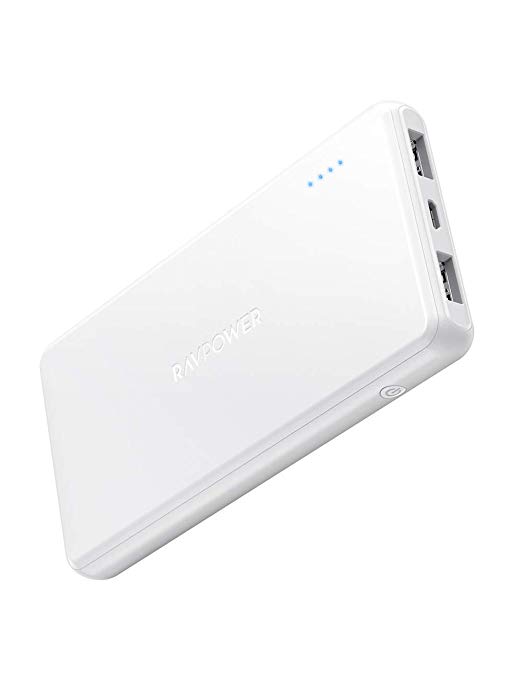 Portable Charger RAVPower Ultra Slim Power Bank 10000mAh External Battery Pack, Light External Battery for iPhone, Samsung Galaxy, and More (White)