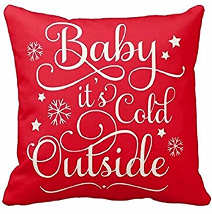 Cotton Linen Square Decorative Throw Pillow Case Cushion Cover Baby It's Cold Outside Red Background Holiday Merry Christmas Gift 18 "X18 "