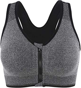 INIBUD Women's Sports Bra Post-Surgery Bra Zip Bra Zipper Front Wirefree Removable Pads Yoga Bra Zip Sports Bra