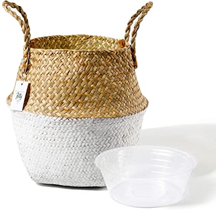 POTEY 710201 Seagrass Plant Basket - Hand Woven Belly Basket with Handles, Middle Storage Laundry, Picnic, Plant Pot Cover, Home Decor and Woven Straw Beach Bag (Middle, Original White)