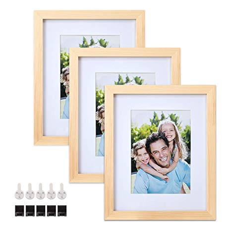 Sindcom 8x10 Solid Wood Picture Frames, 3 Pack, Photo Frame Set with Mat and Glass Cover, Natural Wood Color, Mounting Hardware Included, for Wall or Tabletop Display
