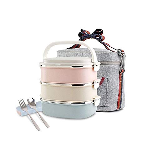 HOMESPON Lunch Box Square with Insulated Lunch Bag Bento Box Stackable Stainless Steel Lunch Storage Containers with Spoon for Kids School and Adults Office 3 Layers