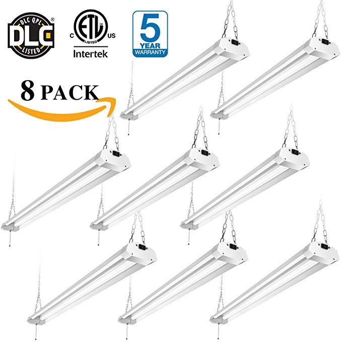 (8 Pack) Linkable LED Utility Shop Light 4ft 4800 Lumens Super Bright 40W 5000K Daylight Ideal for Garage ETL/DLC Certified Durable LED Fixture with Pull Chain Mounting and Daisy Chain Hardware