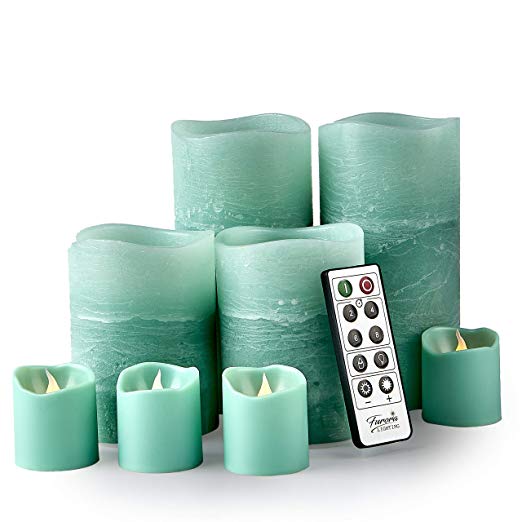 Furora LIGHTING LED Flameless Candles with Remote Control, Set of 8, Real Wax Battery Operated Pillars and Votives LED Candles with Flickering Flame and Timer Featured - Green