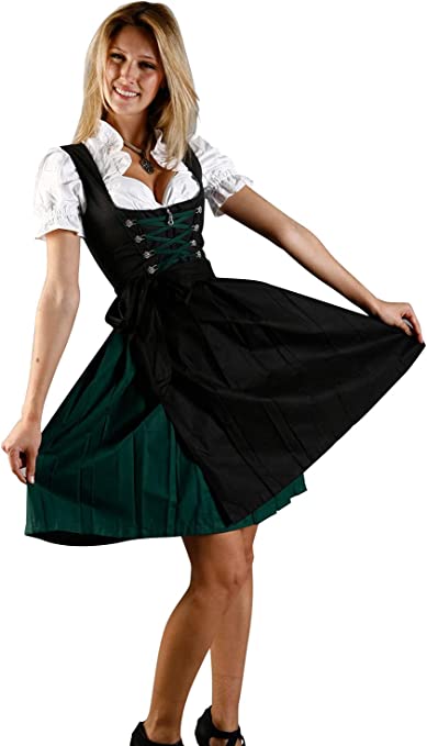 Bavarian Women's Midi Dirndl Dress 3-Pieces with Apron and Blouse Black Green