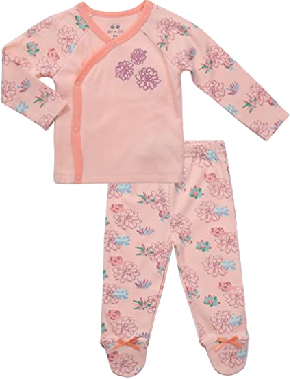 Baby Girl's Footed Pants & Kimono Top Outfit - Long Sleeve Layette Set