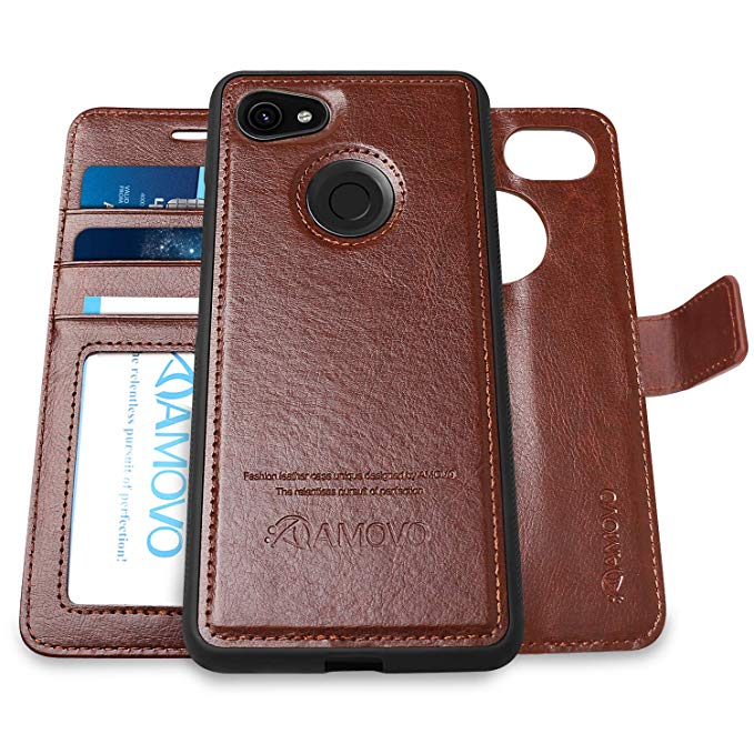 Pixel 3a Wallet Case [2 in 1] AMOVO Detachable Folio Case for Google Pixel 3a [Vegan Leather] [Card Slot] [Magnetic Clasp] Flip Case for Google Pixel 3a with Gift Box Package (3A, Brown)