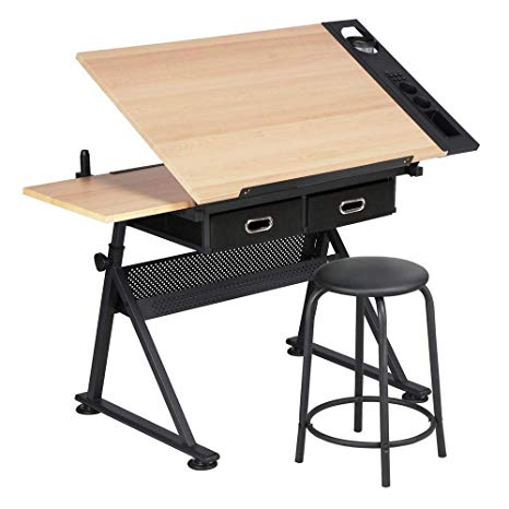 Yaheetech Height Adjustable Drafting Draft Desk Drawing Table Desk Tabletop Tilted Art Craft Work Station w/ 2 Storage Drawer and Stool