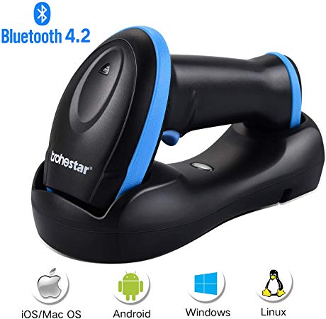 Trohestar Bluetooth Barcode Scanner with USB Cradle,Compatible with Bluetooth Function & 2.4GHz Wireless & Wired Connection Portable 1D Bar Code Reader Scanner for Windows, Mac, Android, iOS