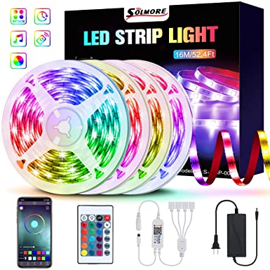 LED Strip Lights Bluetooth,52.5FT/16M SOLMORE Smart 5050 RGB LED Light Strips Music Sync Rope Lights Color Changing LED Strip Lights APP Control with 24 Keys Remote for Bedroom Kitchen Party-4 Pack