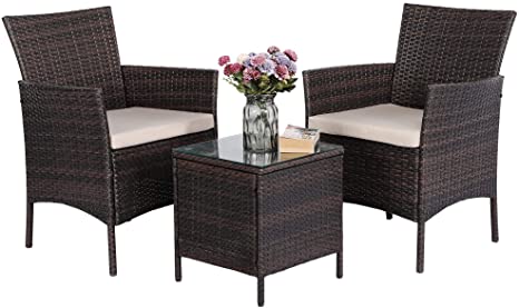 Yaheetech 3 Pieces Patio Furniture Sets PE Rattan Wicker Chairs Beige Cushion with Table Outdoor Garden Brown