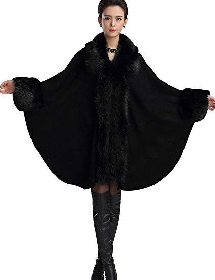 Aphratti Women's Wool Scarf Shawl Cape Coat with Luxury Faux Fur Collar