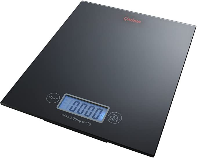 Quiseen Digital Kitchen Food Scale - One Touch - High Precision - Elegant Black Tempered Glass Design - 11 lbs Capacity