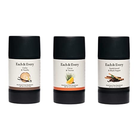 Each & Every 3-Pack Natural Aluminum-Free Deodorant for Sensitive Skin with Essential Oils, Plant-Based Packaging (Masculine Scents)