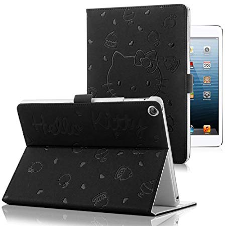 iPad Mini 1 2 3 Case,Cartoon Hello Kitty Pattern Magnetic Folio Smart Cover with Auto Sleep/Wake & Stand Function,Pu Leather with Hard PC Back Cover for Women,Girl,Kids (Black)